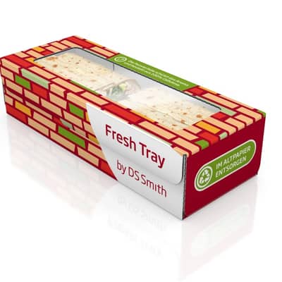 Faserbasierte Lebensmittelverpackung gefüllt mit zwei Wraps.