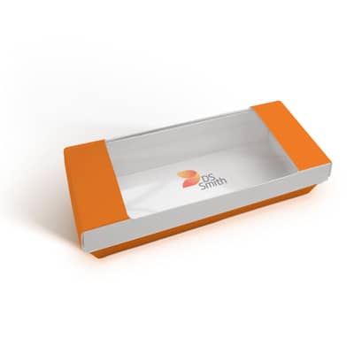 Orangene, faserbasierte Lebensmittelverpackung mit Sichtfenster.