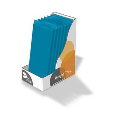 Geöffnetes Tray befüllt mit sieben blauen Produkten. Das Tray ist weiß mit orangenen und grauen Kreisen.