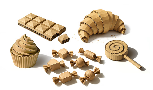 snacks udformet i bølgepap på hvid baggrund