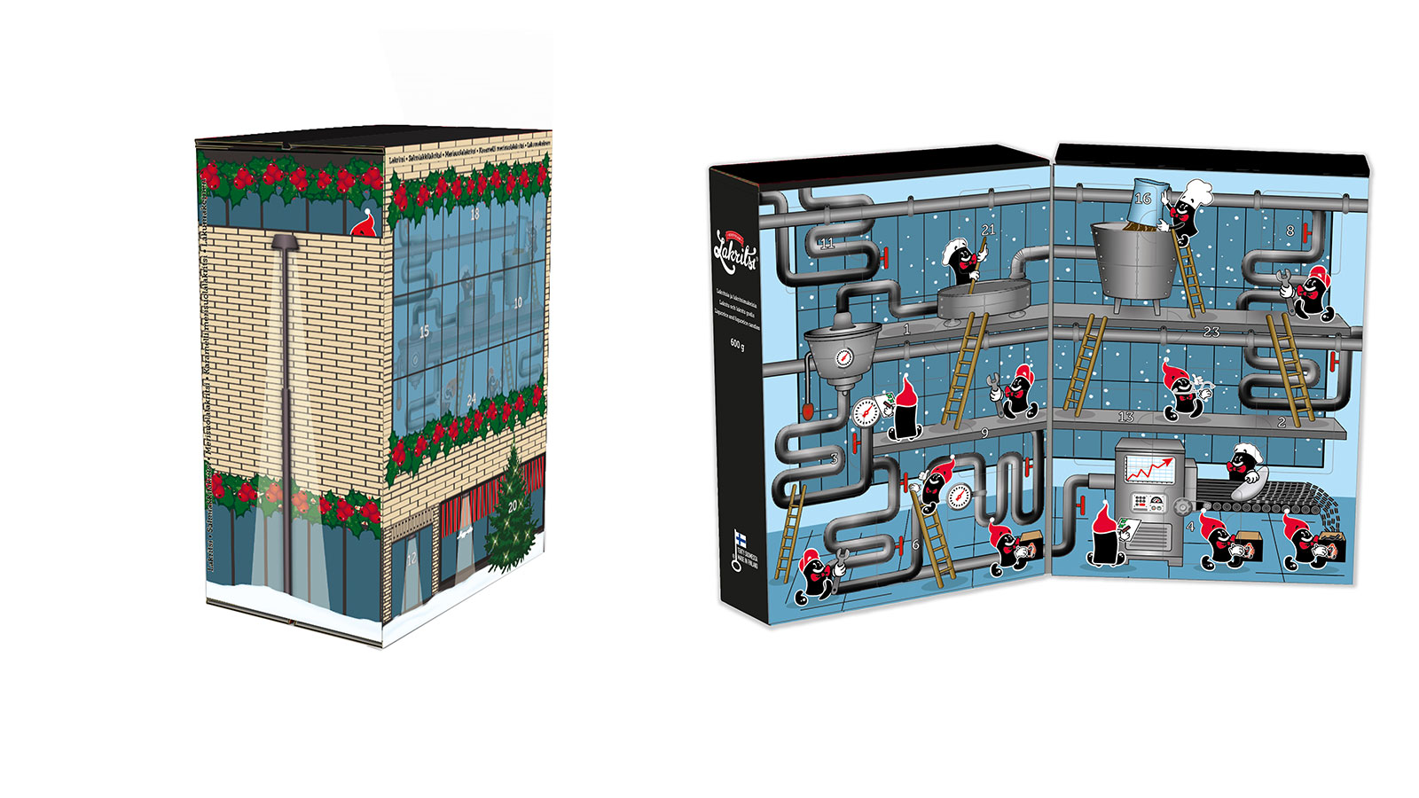 Kouvolan Lakritsin joulukalenteri vuonna 2022 on ottanut mallia yrityksen uusista toimitiloista