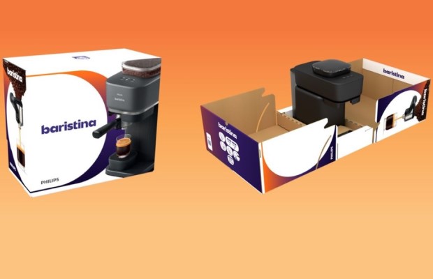 Eine geschlossene Verpackung der Versuni Kaffeemaschine neben einer geöffnete Verpackung samt Inhalt.