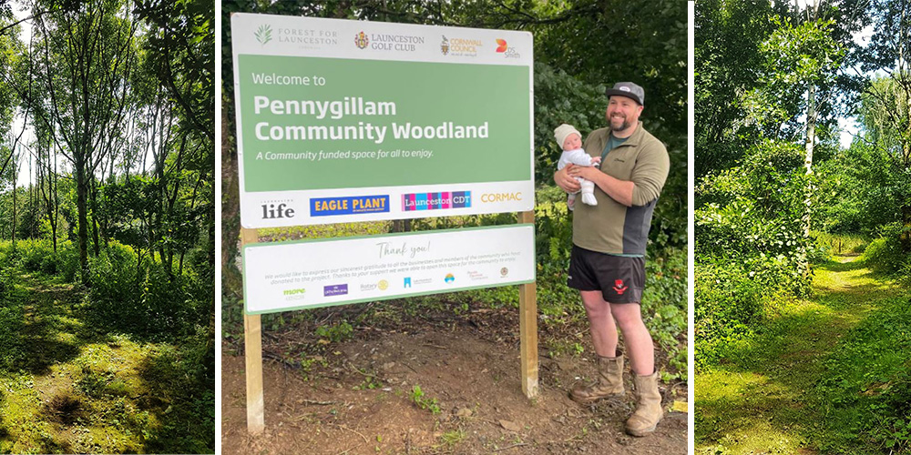 Sam Virgo-Brown and his newborn daughter at the opening of the Pennygillam Community Woodland.