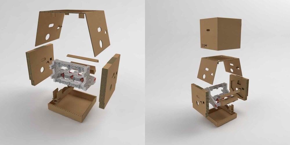Protective corrugated packaging design featuring a molded insert and outer shipping carton shown in exploded and assembled views