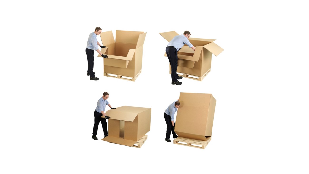 Collage bestehend aus vier Schritten wie ein Mann eine Palettenbox aus Wellpappe aufbaut.