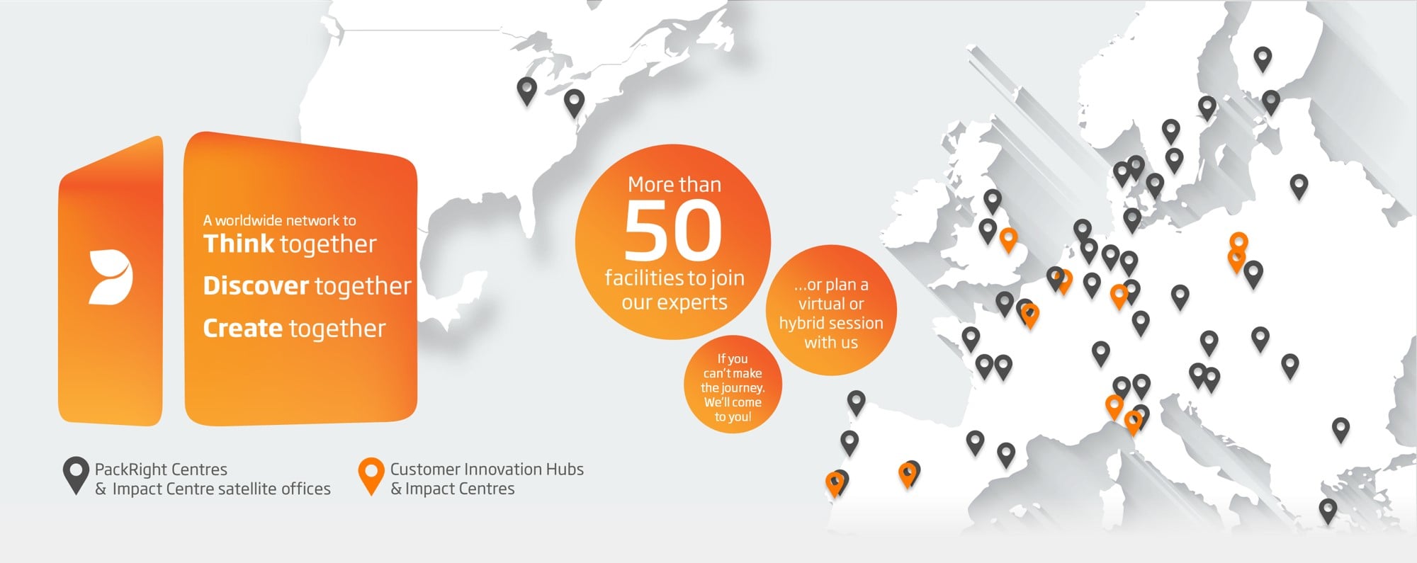 Übersichtskarte der DS Smith PackRight Center, Impact Center Satellitenbüros sowie Customer Innovation Hubs und Impact Center