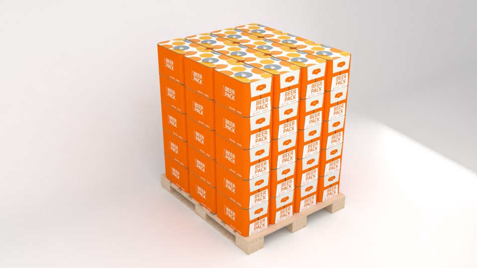 60 orangene Verpackungen mit der Aufschrift "Beer Pack" stehen auf einer Palette.