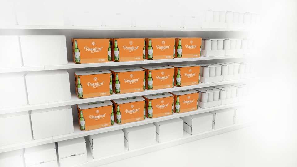 12 orangene Verpackungen mit runden Ecken stehen im Regal neben weißen Verpackungen mit unterschiedlichen Formen.