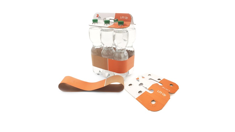 Sechs Plastikflaschen sind zusamengebündelt mit einer Banderole und einem Top Clip. Davor liegen eine Banderole und ein Top Clip aus Wellpappe in orangenem DS Smith Design.