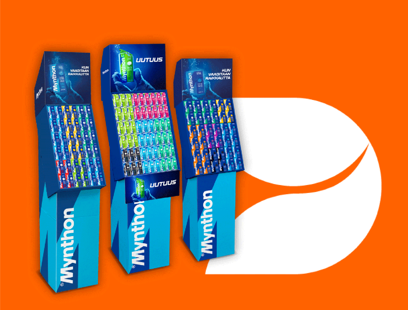 Drie blauwe POS Displays tegen een oranje achtergrond