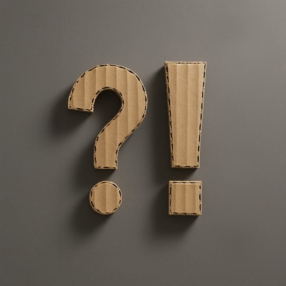 Udråbstegn og spørgsmålstegn i bølgepap på grå baggrund