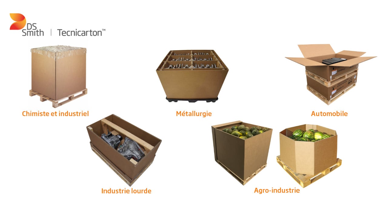 Emballages en carton ondulé pour différents secteurs : chimique et industriel, métallurgie, automobile, industrie lourde et agroalimentaire.