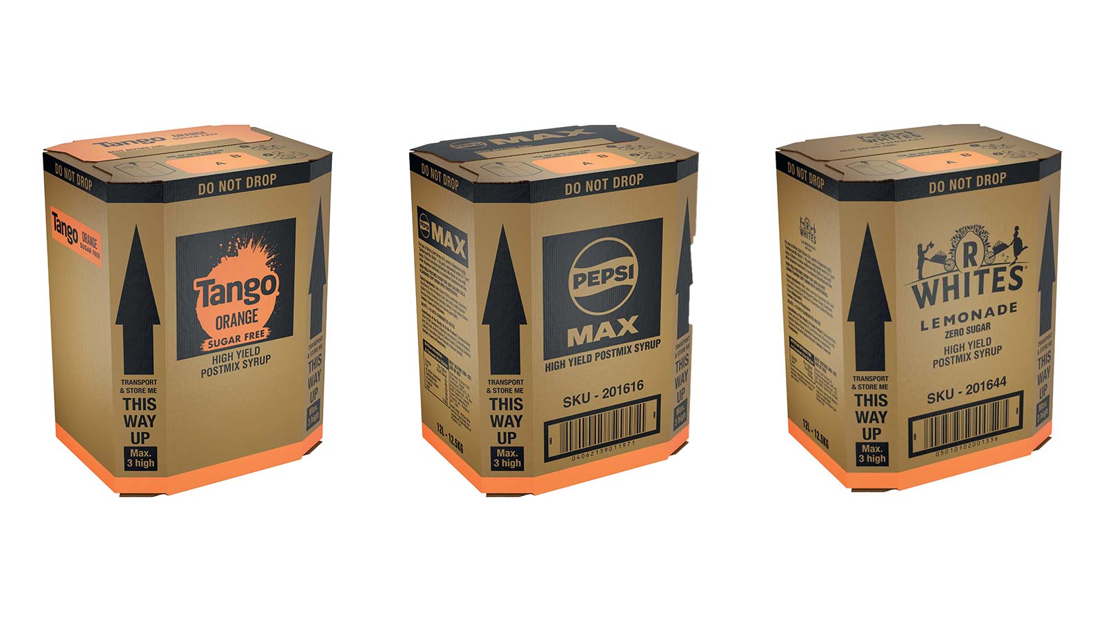 Drie bag-in-box dozen van DS Smith voor frisdranksiropen. Van links naar rechts: Tango Orange Sugar Free, Pepsi Max en R. Whites Lemonade Zero Sugar.