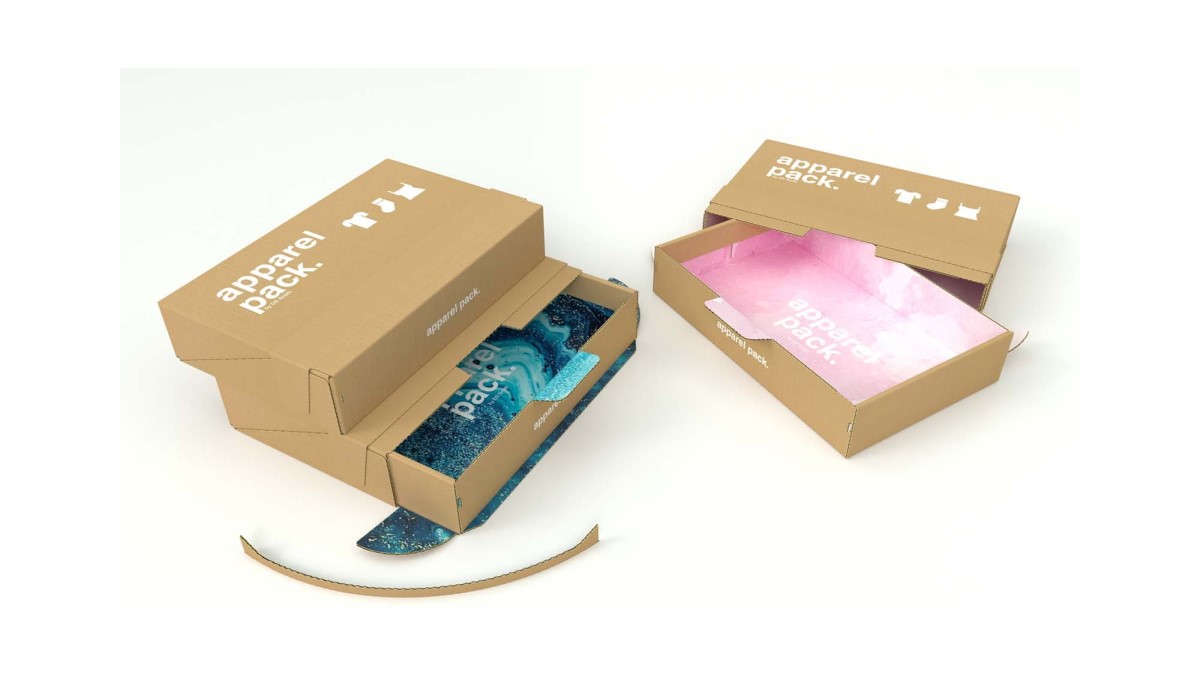 Zwei geöffnete Verpackungen aus Wellpappe für den Onlineversand mit buntem Innendruck.