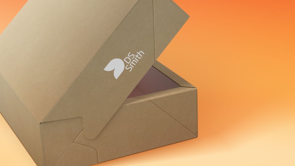 Braune Verpackung mit weißem DS Smith Logo ist halb geöffnet vor einem orange-melierten Hintergrund.