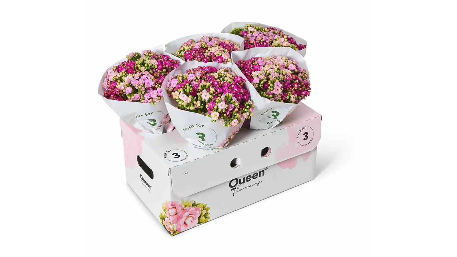 5 bloemboeketten in de nieuwe verpakkingsdoos van DS Smith en Queen Flowers