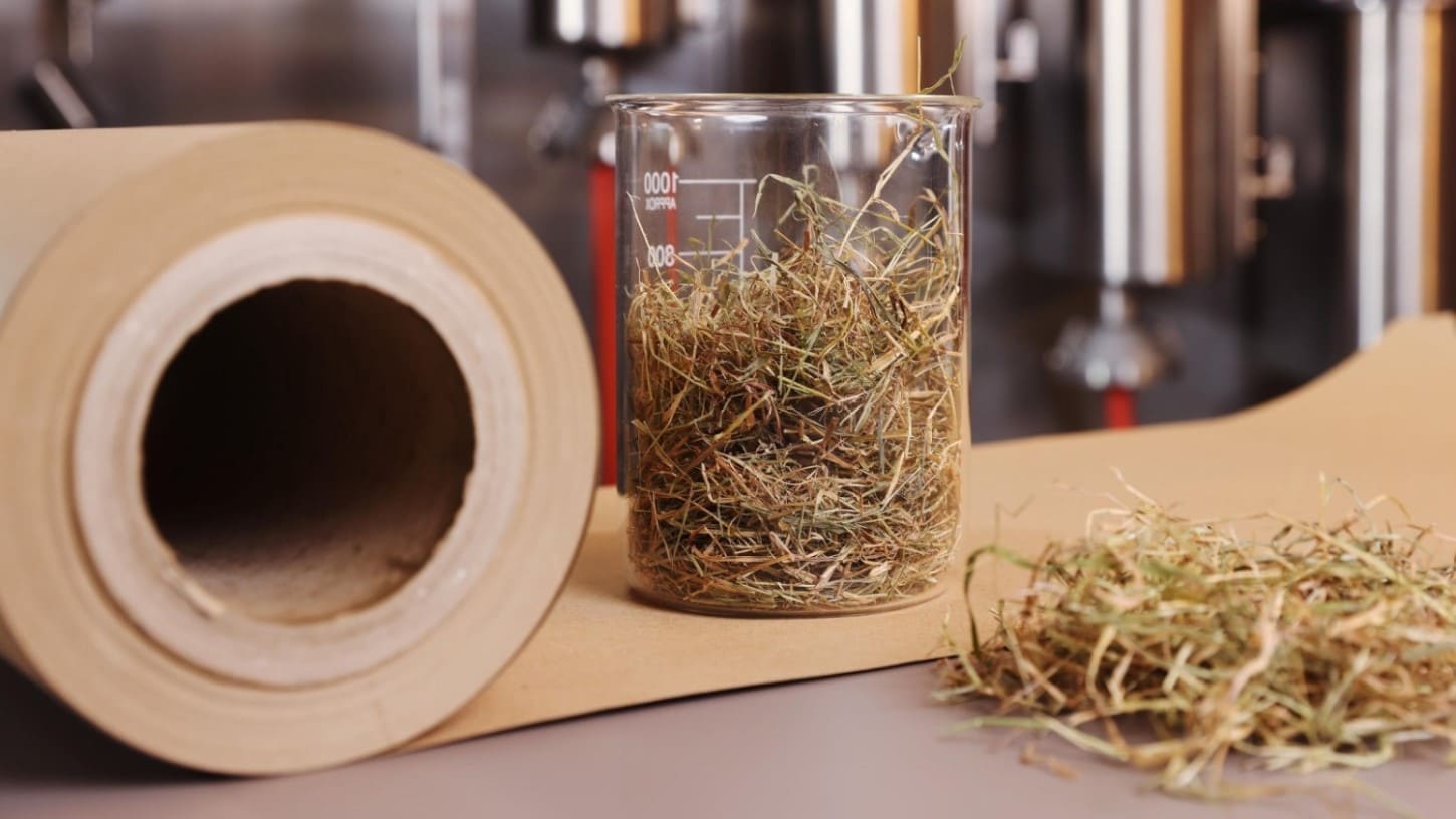 Kleine Papierrolle neben einem Reagenzglas gefüllt mit Stroh.