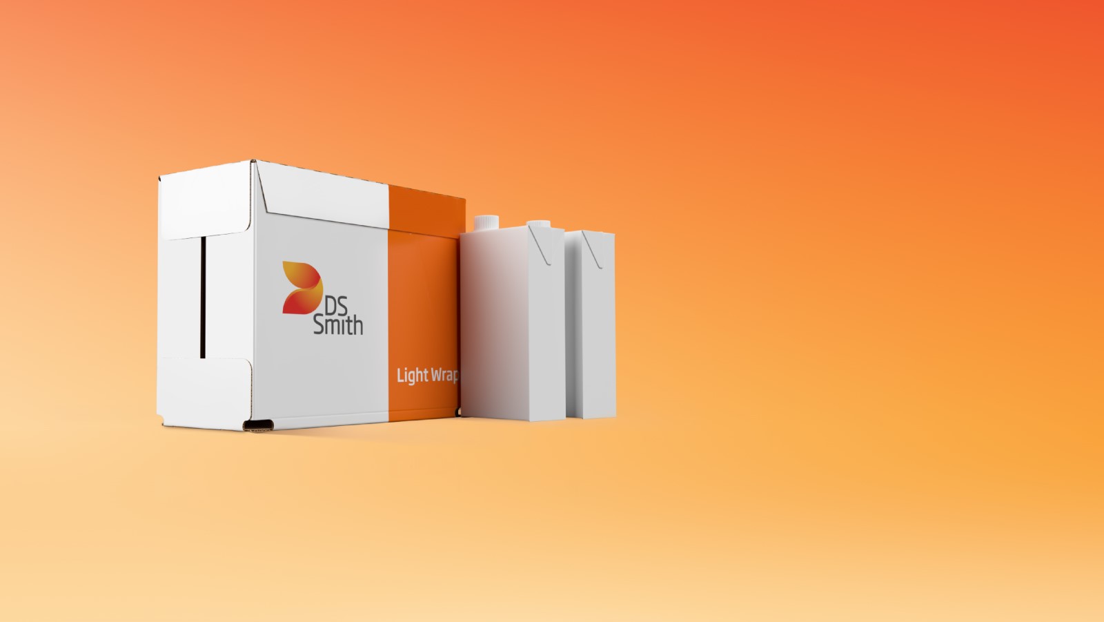 Eine Box der Umverpackung "Light Wrap" mit DS Smith Logo steht vor orangenem Hintergrund neben zwei leeren Tetrapacks