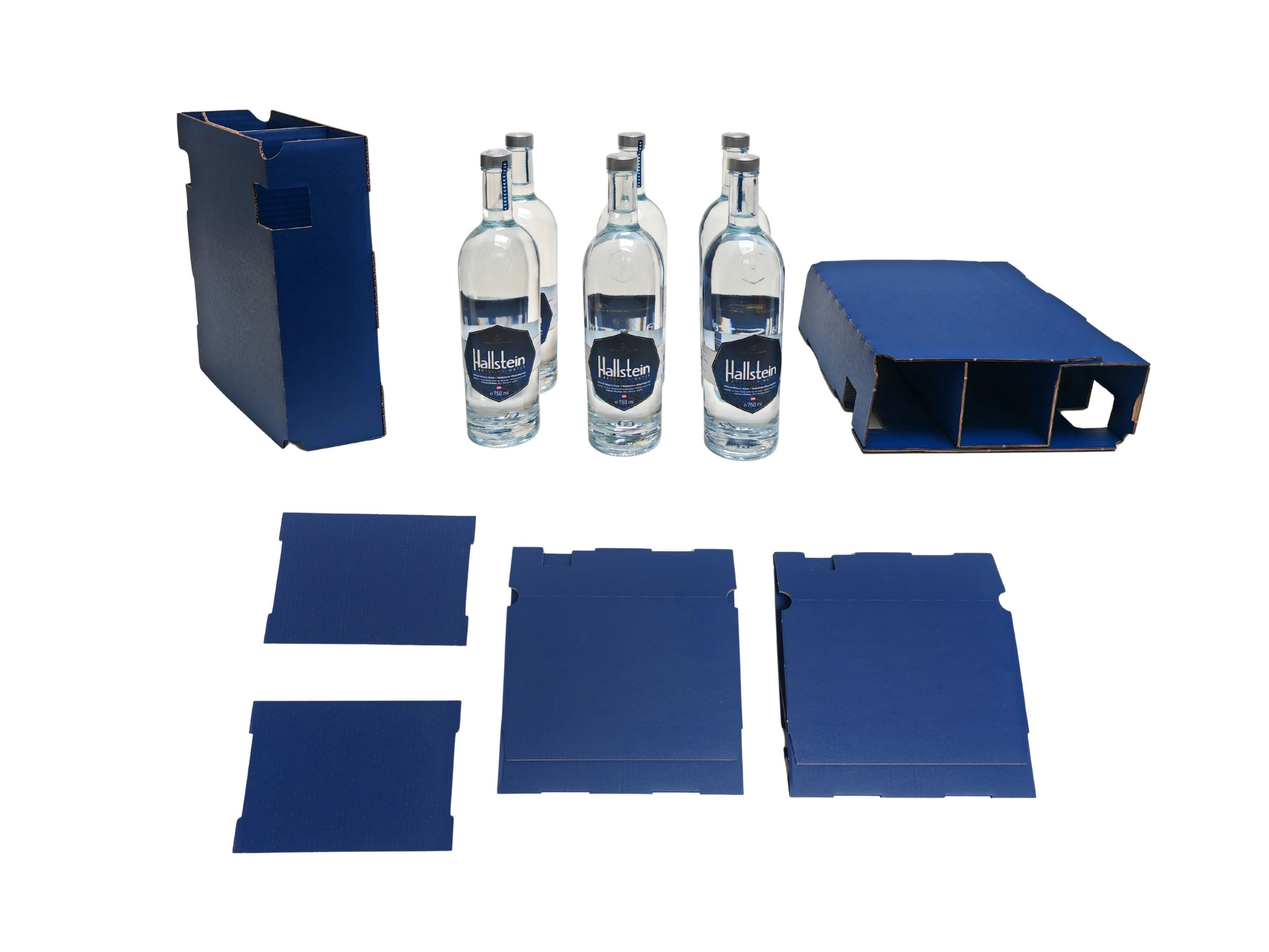 Alle Komponenten der E-Commerce-Vepackungslösung von DS Smith für das artesische Wasser von Hallstein.