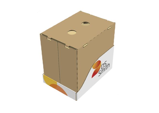 Regalverpackung mit weißem Tray mit farbigem DS Smith Logo und braunem Deckel.