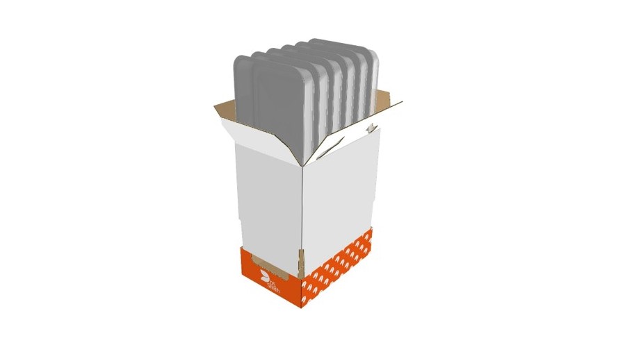 Zweiteilige Regalverpackung mit orangenem Unterteil und weißem Oberteil. Die Packung ist oben geöffnet und sechs graue Gegenstande schauen heraus