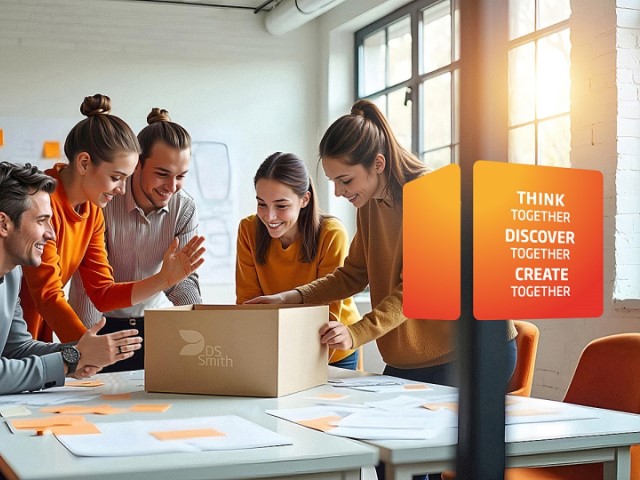 Mehrere Kolleginnen und Kollegen unterhalten sich angeregt an einem Tisch mit Wellpappverpackung in der Mitte.