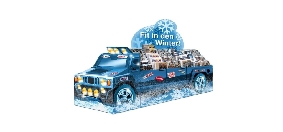 Blaues Display in Form eines Autos.