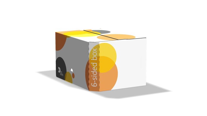eine sechs-seitige Faltkiste mit abgeschrägten Ecken liegt auf einem weißen Untergrund. Die Kiste hat bunte Kreise und ein DS Smith Logo ist zu sehen.