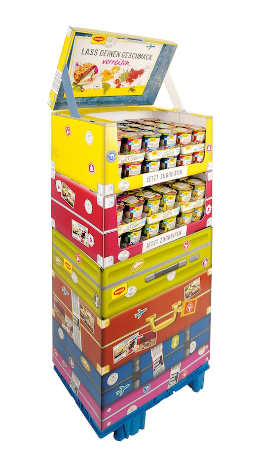 Travelling the world at the point of sale: The secondary placement for the launch of the new Maggi “Food Travel” Instant Cups comes from DS Smith's hotbed of innovation. The display in suitcase look scores with attention-grabbing design and uncomplicated handling.