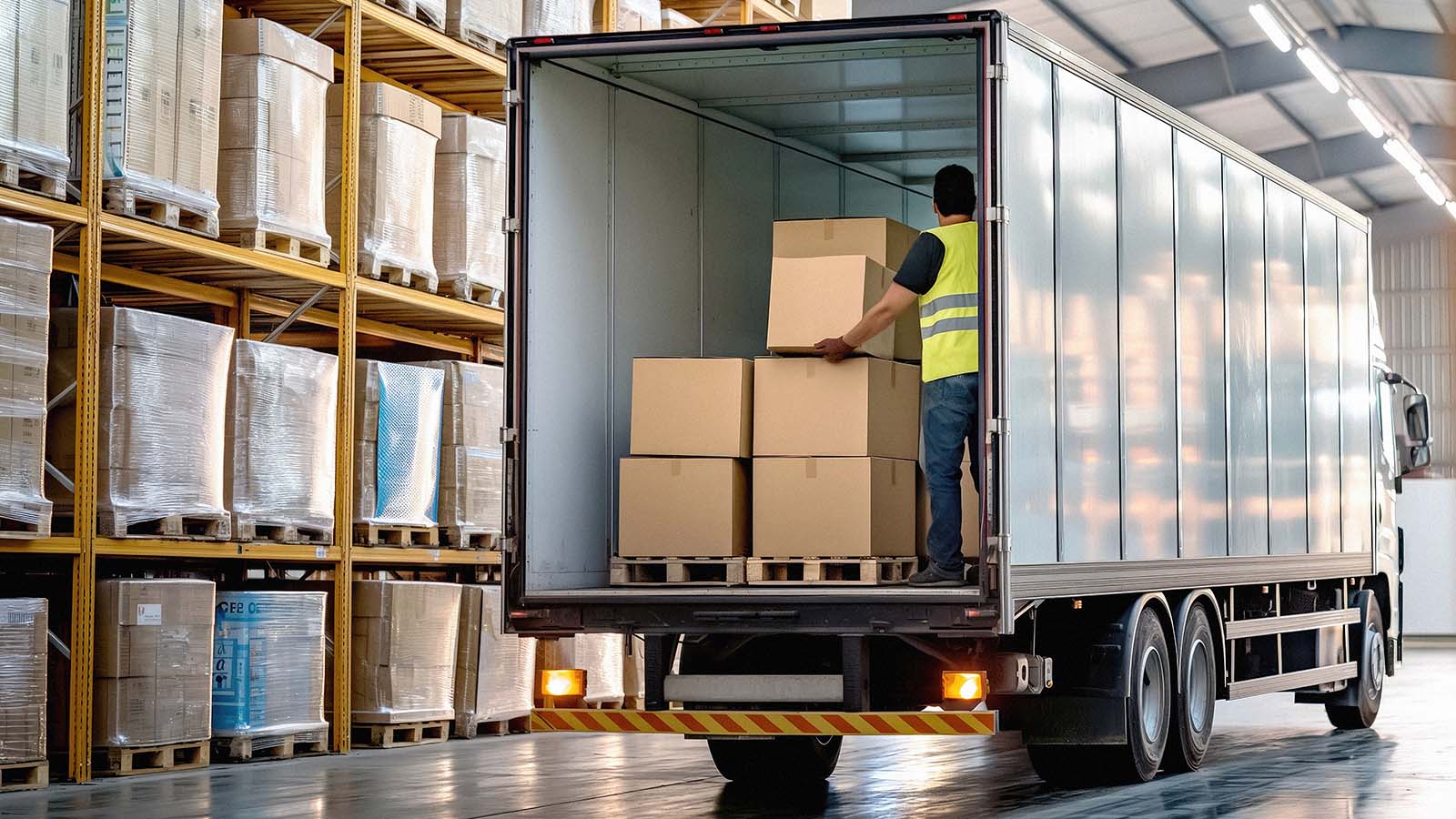 lastbil i lagerhal der læsser papkasser