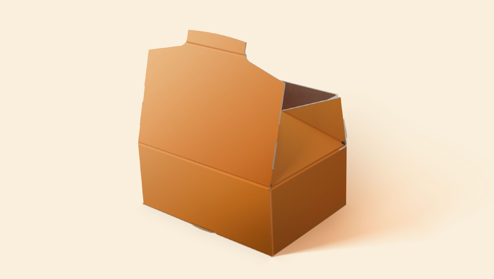 Eine offene einteilige, orangene Verpackung von hinten steht vor einem gelb-rosa Hintergrund.