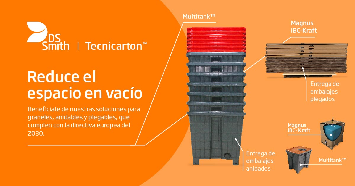 Reduce el espacio en vacío. Benefíciate de nuestras soluciones para graneles, anidables y plegables, que cumplen con la directiva europea del 2023. Entrega de embalajes anidables. Entrega de embalajes plegables.