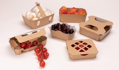 Mehrere Wellpappschalen für Obst und Gemüse gefüllt mit unterschiedlichem Obst & Gemüse.