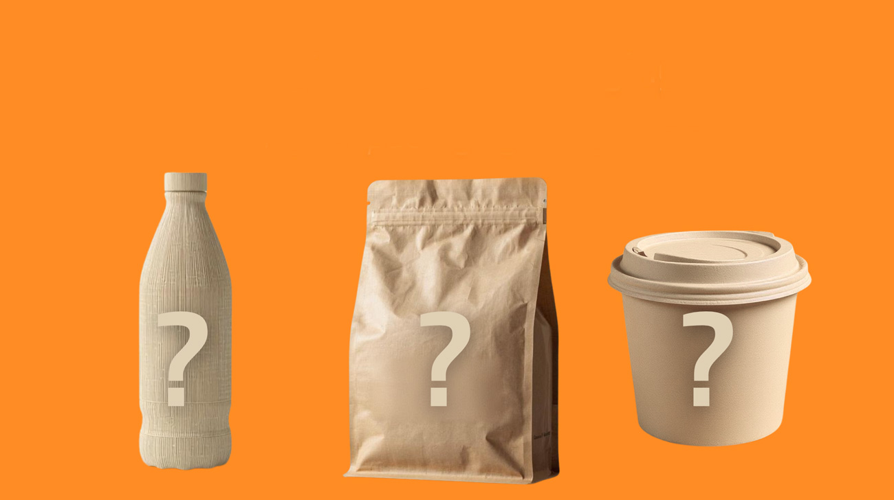 kuvassa paperista valmistettuja tuotteita kuten pullo pussi ja kuppi