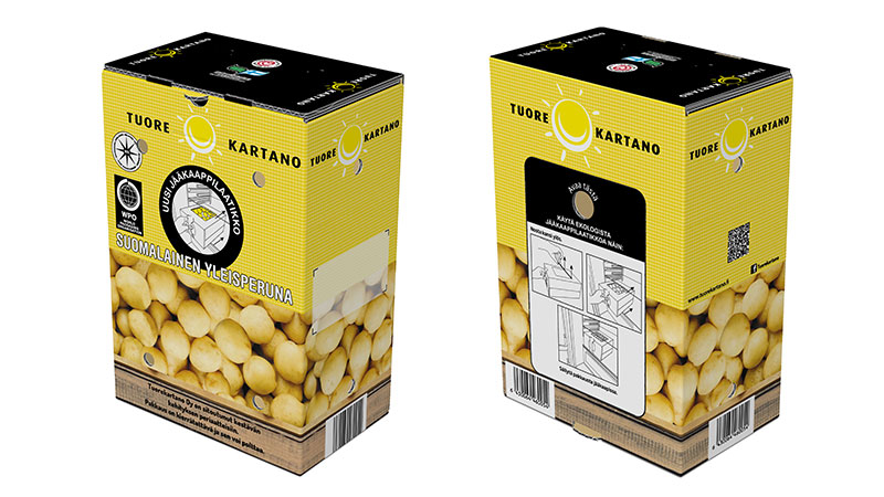 Tuorekartanon perunalpakkaus on 100% kierrätettävästä kuitumateriaalista valmistettu kuluttajapakkaus.