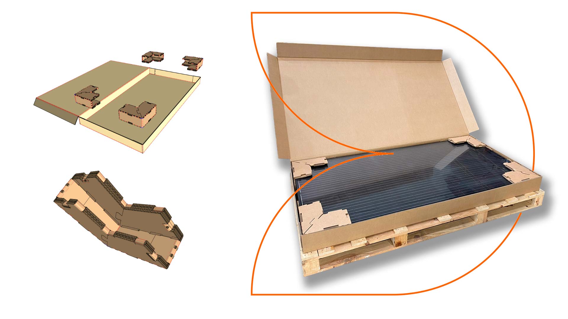 Embalaje para placas solares, con cantoneras que adaptan el embalaje para diferentes referencias. 