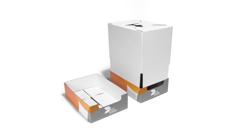 Regaltray im DS Smith Design einmal ohne und einmal mit weißem Deckel.