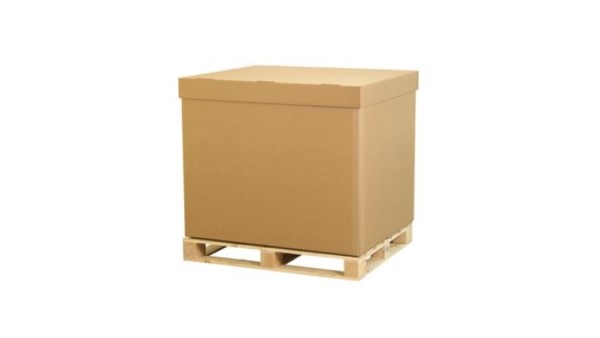 Große Palettenbox aus Wellpappe mit Deckel.