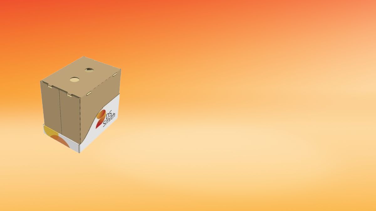 Regalverpackung mit weißem Tray mit farbigem DS Smith Logo und braunem Deckel steht vor einem orange-meliertem Hintergrund