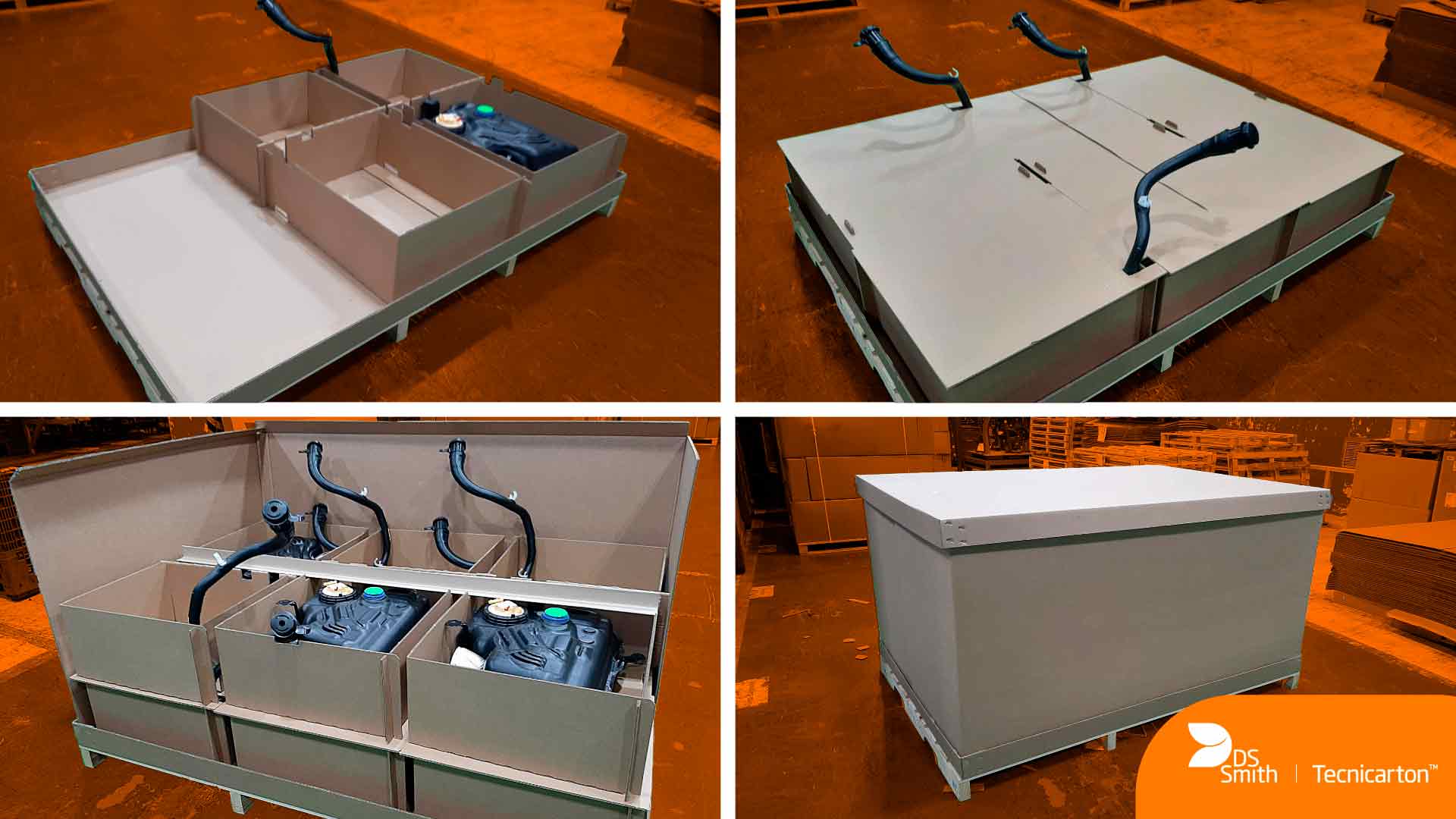 collage de cuatro imágenes que muestra un kit de embalaje de cartón ondulado de DS Smith Tecnicarton