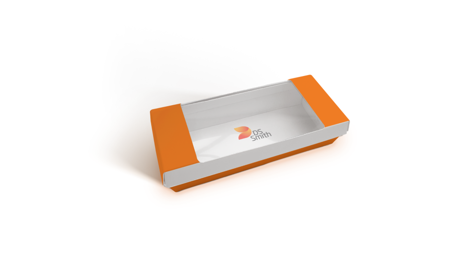 Faserbasierte Lebensmittelverpackung mit Sichtfenster.