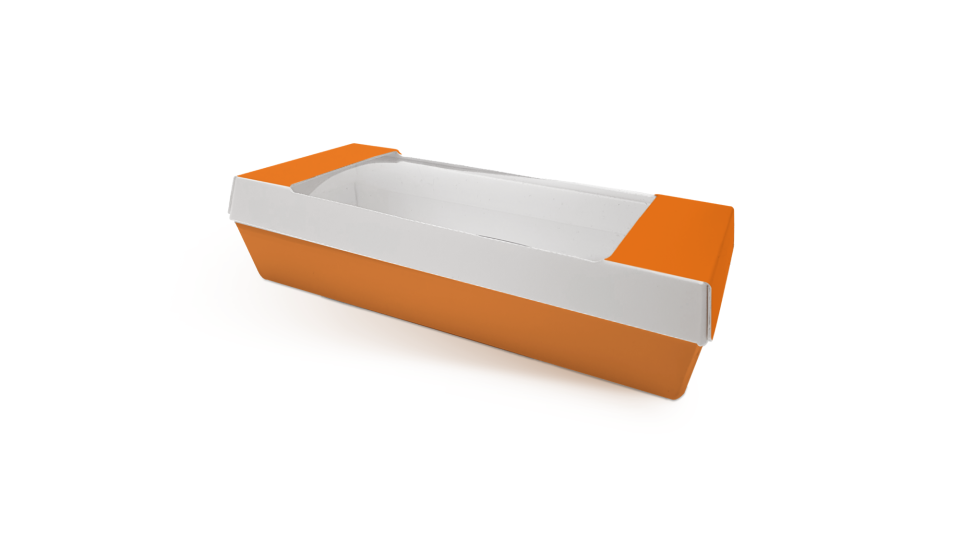 Faserbasierte Lebensmittelverpackung mit Sichtfenster.