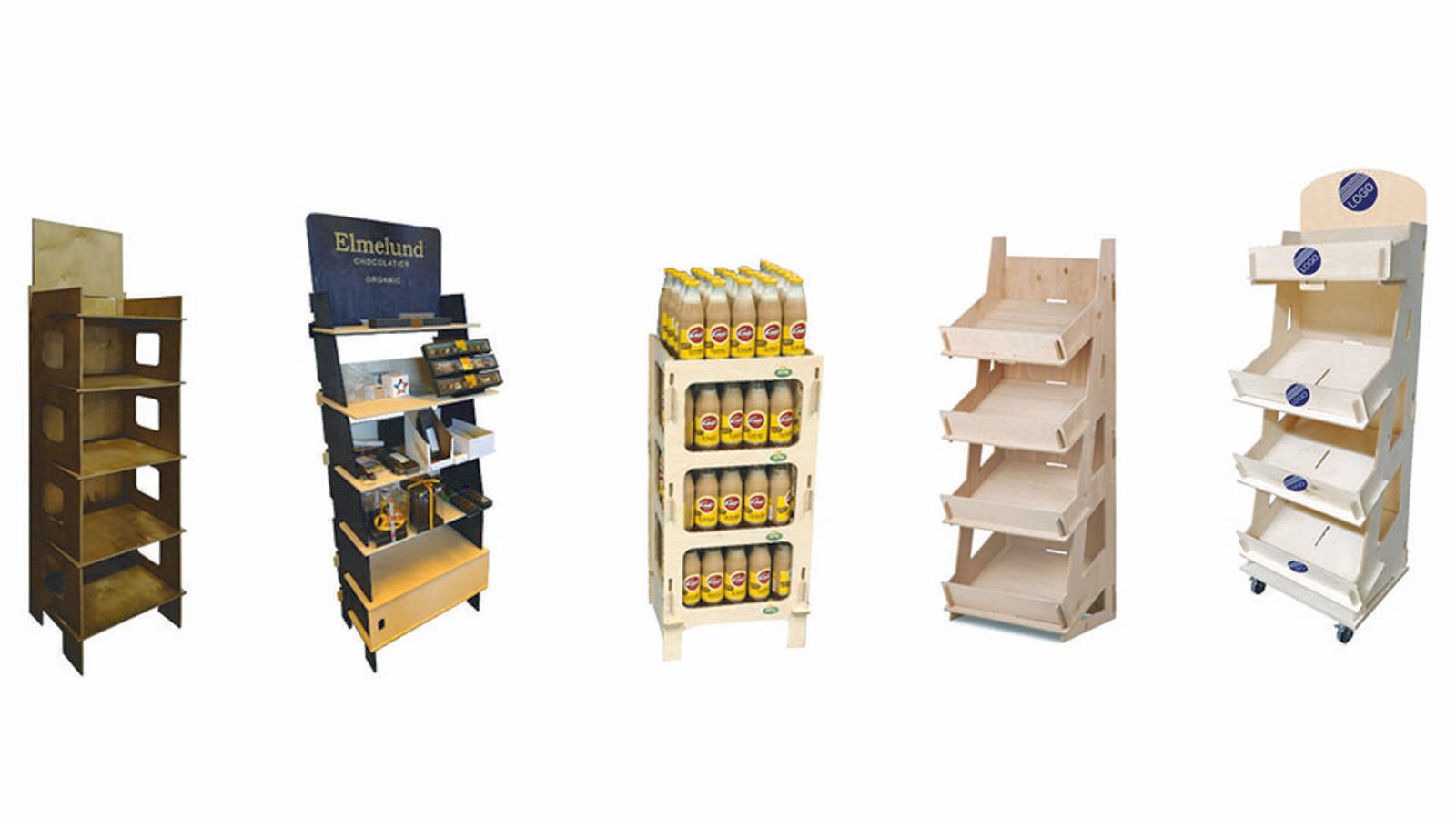 forskellige udgaver af trædisplay  med og uden indhold