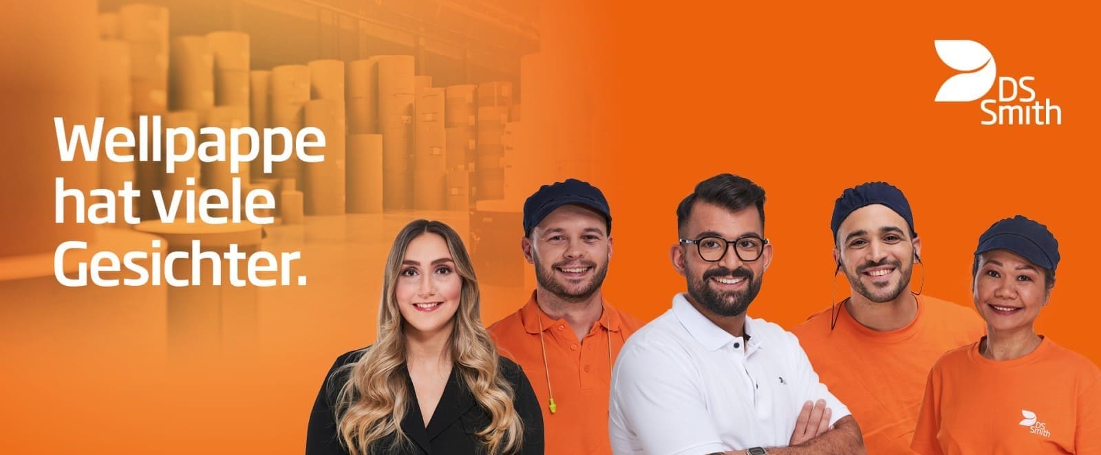 Mitarbeitende von DS Smith. "Wellpappe hat viele Gesichter. Zeig uns Deins."