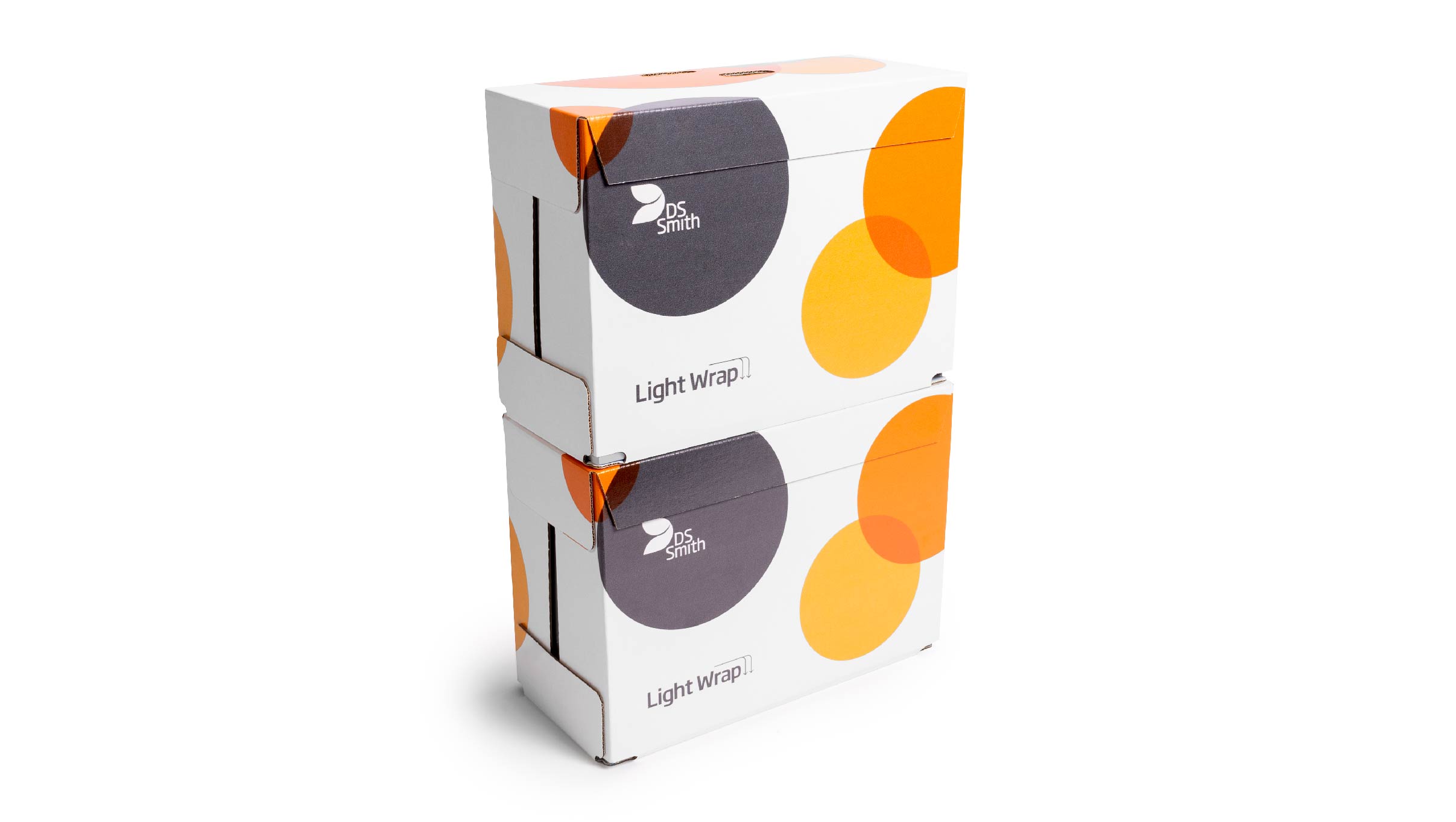 zwei Umverpackungen mit orang/gelben Kreisen sind aufeinander gestapelt