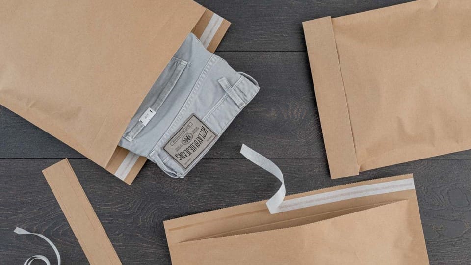 Drei Papierversandtaschen liegen auf einem dunklen Holztisch. Zwei Papierversandtaschen sind geöffnet, aus einer schaut ein graues Jeans-Kleidungsstück heraus.
