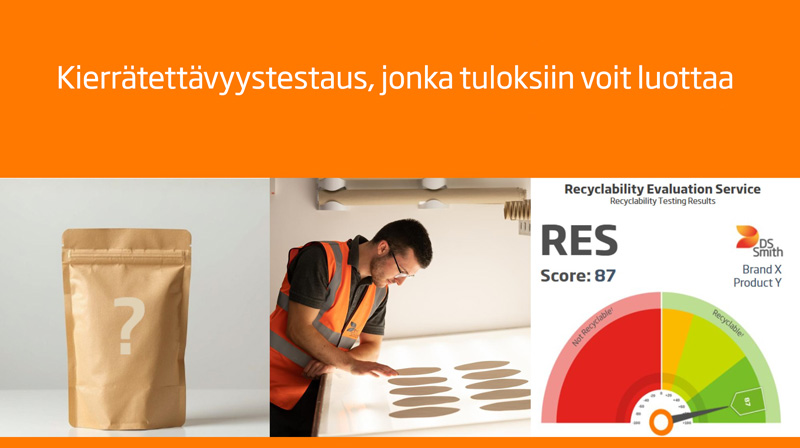 Kuvassa on paperipussi, mies laboratoriossa tutkimassa paperia ja piirrosmittaristo joka osoittaa laboratoriotuloksen. tekstissä lukee Kierrätettävyystestaus, jonka tuloksiin voit luottaa.