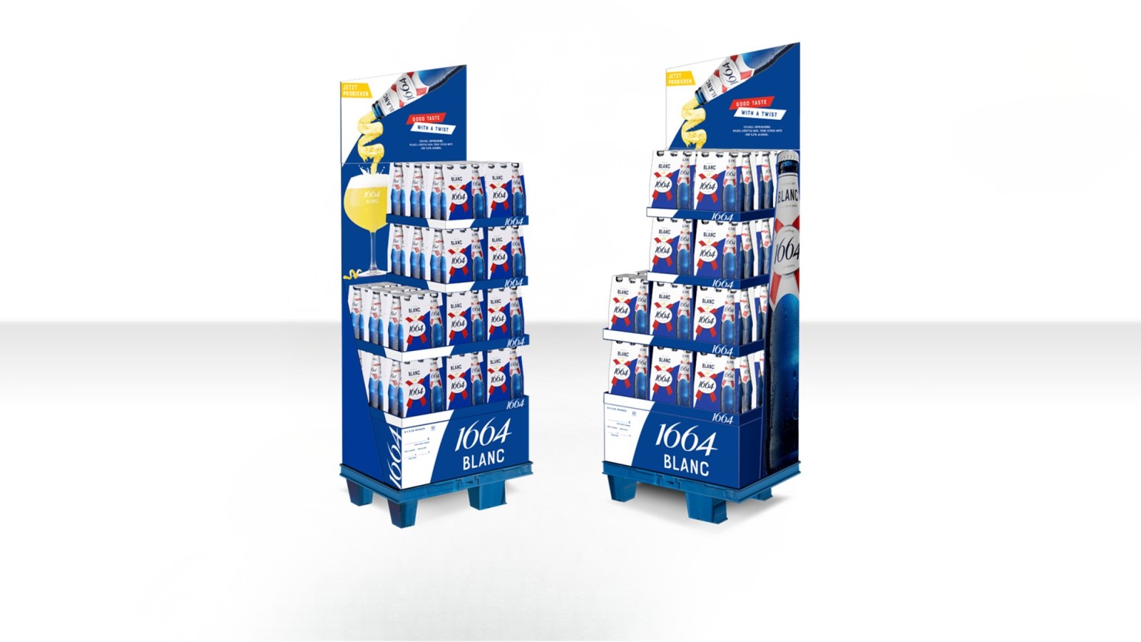 Das aufmerksamkeitsstarke Wellpapp-Display für Carlsberg 1664 Blanc vereint edle Markenpräsentation mit nachhaltigem Design und unterstützt eine erfolgreiche Produkteinführung im deutschen Handel. Bildquelle: DS Smith