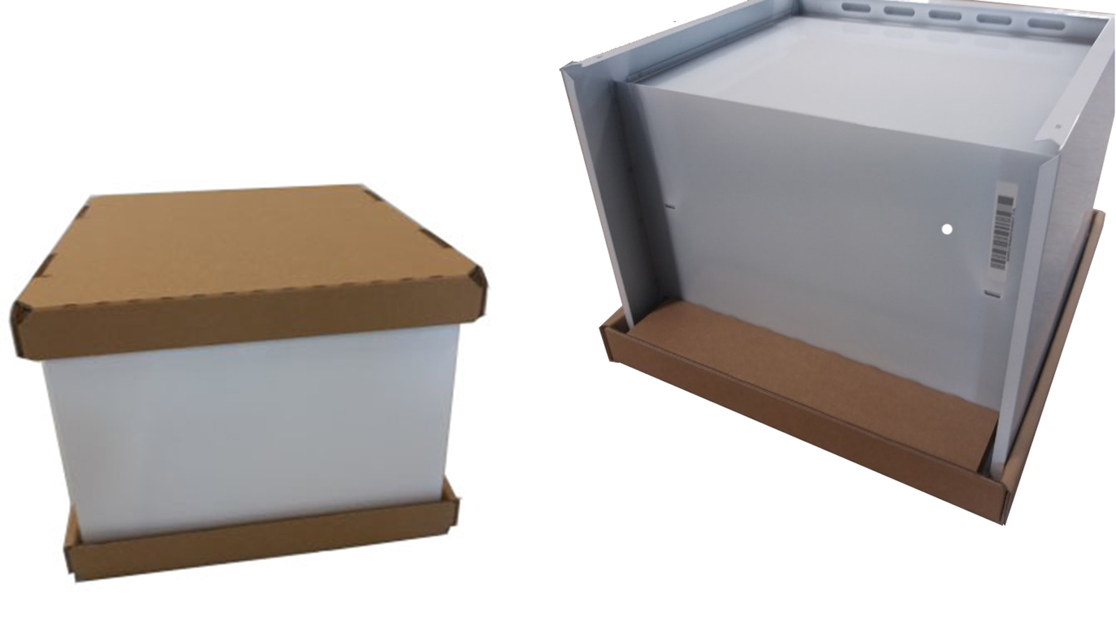 Förpackning i wellpapp, för överskåp till kylskåp och frysar, ersätter tidigare plastförpackning.