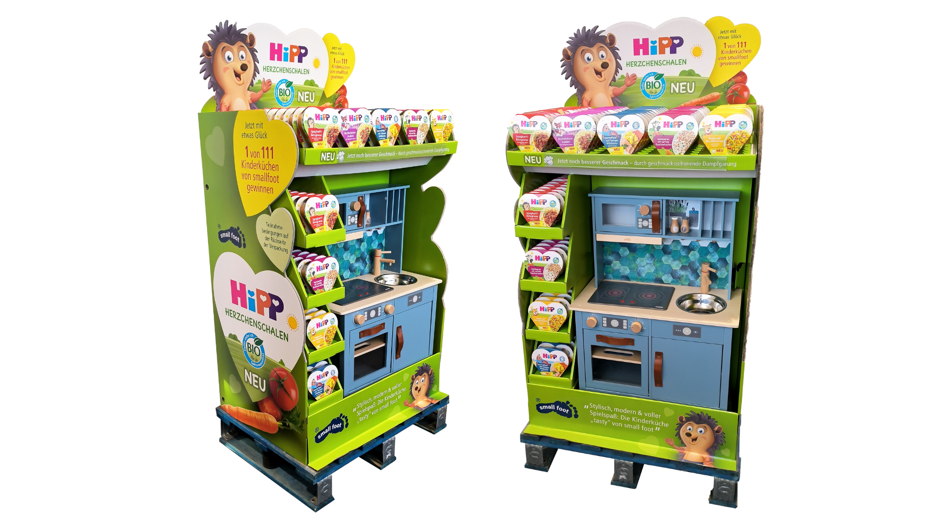 Kindgerechte Ansprache, liebevolles Design: Das Display von DS Smith zu den neu aufgelegten HiPP Herzchenschalen mit integrierter Holzspielküche von small foot. / © DS Smith 
